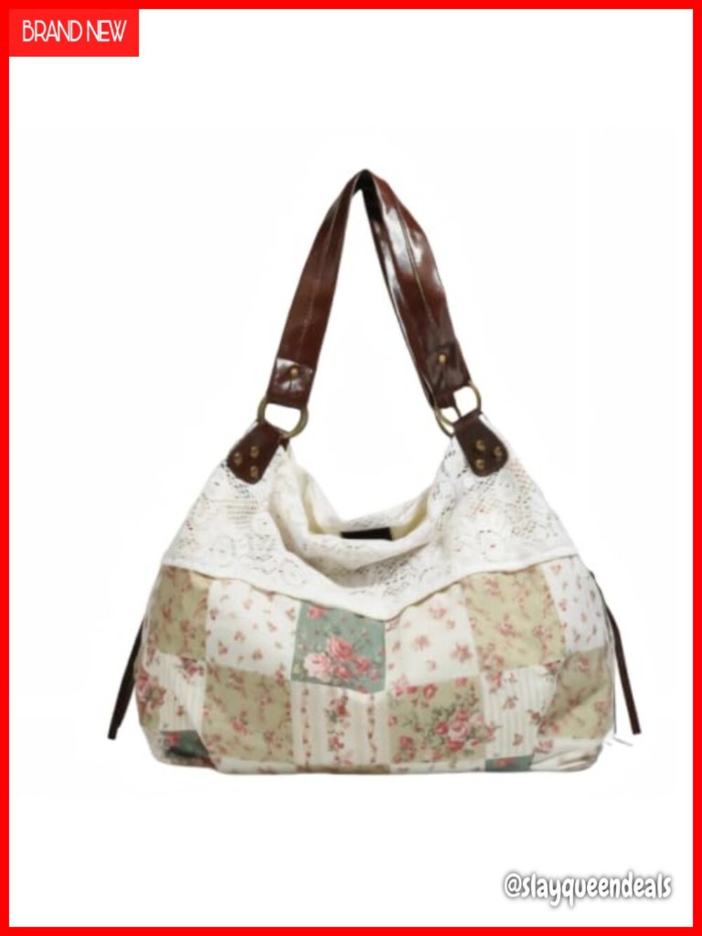 Lace Floral Patchwork Hobo Tote Bag With Brown Leather Strap